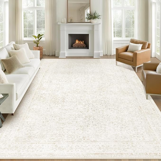 9x12 Area Rugs for Living Room: Washable Large Vintage Floral Rug Low Pile Non-Slip Boho Carpet for Bedroom Dining Home Office (Floral Beige, 9'x12') by LOSBULAKE
