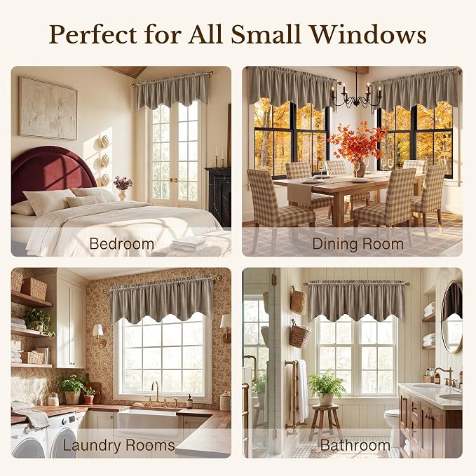 Camel Beige Scalloped Valance Curtains 52x18 Inch 1 Panel | Premium Velvet Wavy Short Curtains for Kitchen Windows, Neutral Home Decor Window Treatment for Farmhouse - Image 6