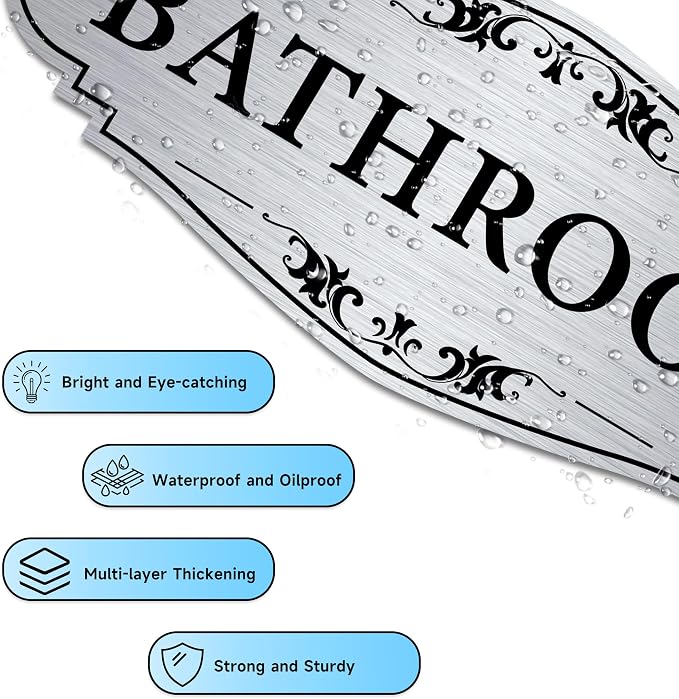 Bathroom Sign Sticker for Business and Home，Self-adhesive Brushed Silver Cute Bathroom Decor for Door，Waterproof Vinyl Restroom Sign for Home，Office，Shop（Silver） - Image 3