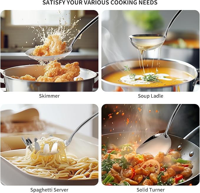 304 Stainless Steel Kitchen Cooking Utensils Set - 9 PCS Serving Utensils, Include Skimmer, Soup Ladle, Spaghetti Server, Wok Spatula, Slotted & Solid Spoon, Slotted Spatula Turner, Meat Fork (Silver） - Image 5