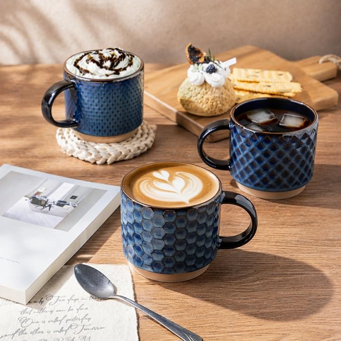 GBhome 12 OZ Stackable Coffee Mugs Set of 4, Ceramic Coffee Cups Set | Coffe Cups With Saucer and Stand, Dishwasher&Microwave Safe, 4 Assorted Designs - Image 7