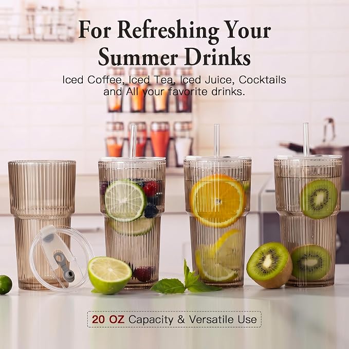 4PCS Gray Glass Cups with Lids and Straws, 20oz Vintage Drinking Glasses, Aesthetic Iced Coffee Cups, Glass Tumbler for Boba, Beer, Tea, Cocktails, Grey Ribbed Glassware Set (Gray-4) - Image 7
