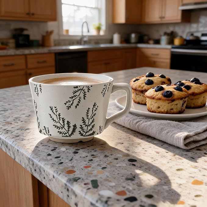 4 Pack Speckled Ceramic Coffee Mugs, 12oz Vintage Green Fern Leaf Large Tea Cups, Rustic Handmade Style Drinking Mugs for Coffee Tea Cocoa Milk, Dishwasher Microwave Safe, Housewarming Gift Set - Image 6