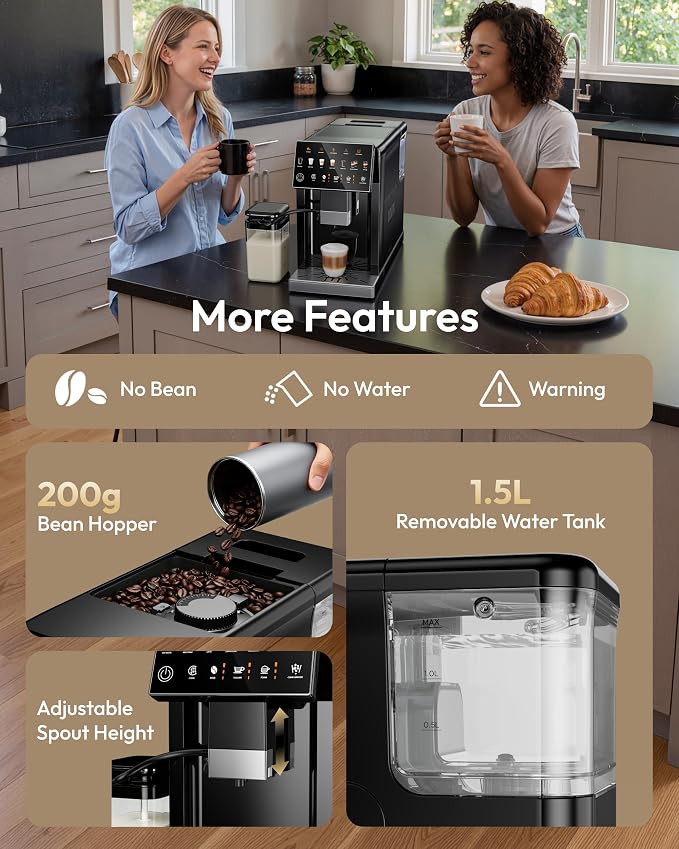 Automatic Espresso Machine, 20 Bar Coffee Maker with Grinder Built in Milk Frother, 15-Grind Settings Fully Automatic Espresso Machine with Touch Screen, Auto Self-Cleaning for Cappuccino & Latte - Image 8