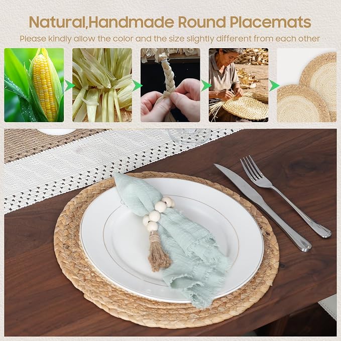 Placemats Set of 4,Natural Round Placemats with Table Runner & Napkin Rings | Made of Cotton Burlap and Corn Husk,Protective,Heat-Resistant,Non-Slip Boho Table Mats Fall Placemats for Dining Table Décor - Image 5