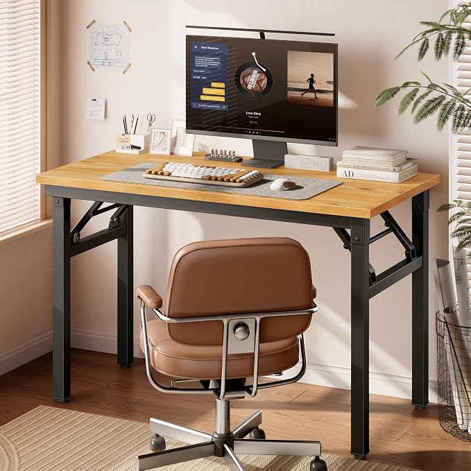 DlandHome 35.8 Inch Small Folding Computer Desk for Home Office, Teak Black | Foldable Writing Table for Small Spaces Bedroom, No Assembly Required, Wood Top Metal Frame, Collapsible Compact Easy Storage - Image 2