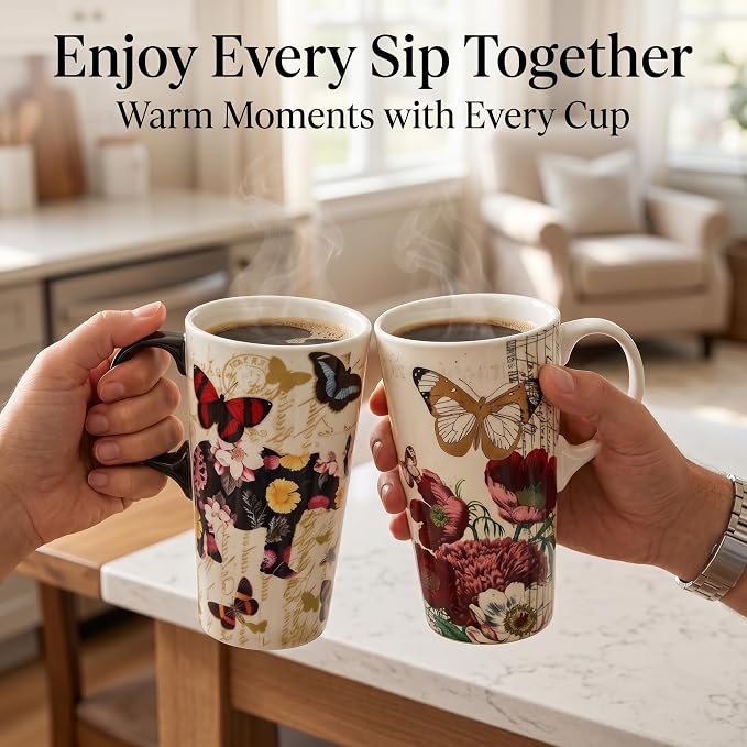 Topadorn 2-Pack 17oz Ceramic Travel Mug with Lids, Butterfly Floral Mugs | Set of 2 Coordinated 17oz Mugs, Vintage Butterfly & Floral Designs, Spill-Resistant Lids, Matching Gift Boxes Included - Image 6