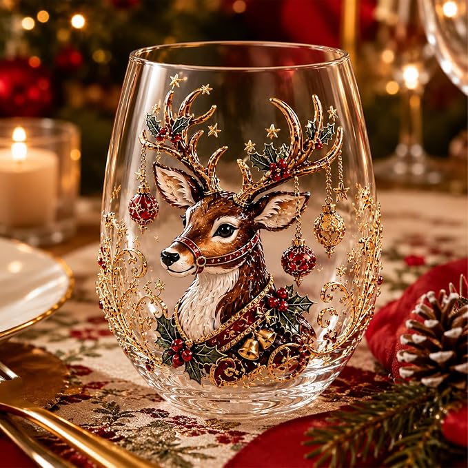 Christmas Wine Glasses, 12oz Stemless Holiday Glassware with Festive Style (Reindeer) by Lifmagic