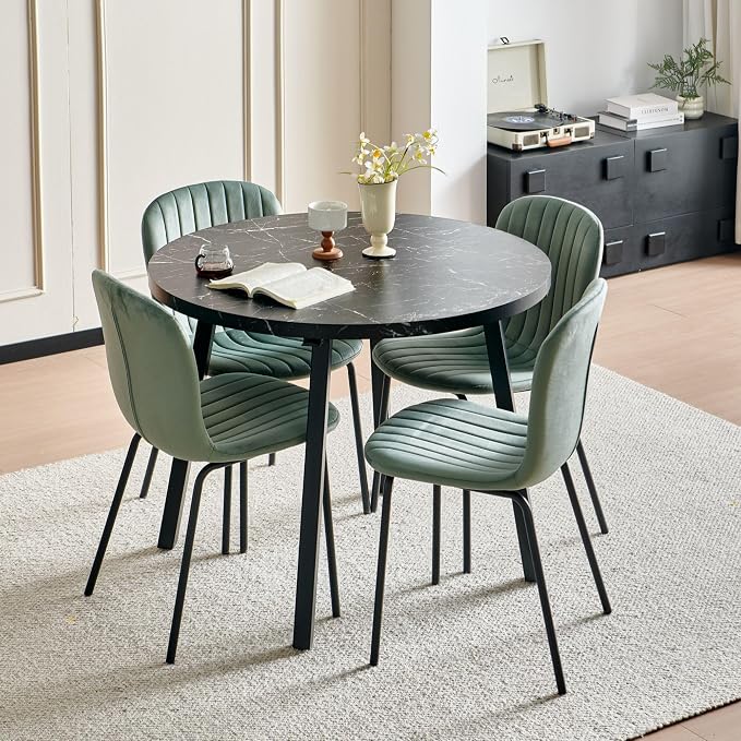 Small Round Dining Table Set for 4 People, 37" Modern Kitchen Table | 5-Piece Set, Faux Black Marble MDF table, 4 Green Velvet Chairs, Easy Assembly, Space-saving, Fits Small Dining Room by SQPFTW