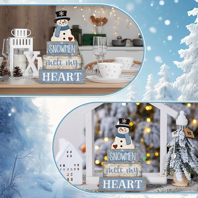 Moucuny 4 Pcs Winter Table Decorations Blue and White Snowman Decor Winter Tiered Tray Decor Valentines Day Centerpiece Rustic Decorative Hat Snowman Block Signs Gift Farmhouse for Home Kitchen Shelf - Image 9