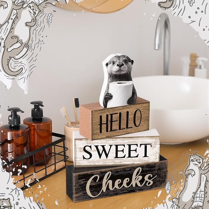 Moucuny 4 Pcs Otter Bathroom Decor Set Farmhouse Bathroom Decor and Accessories Rustic Hello Sweet Cheeks Wooden Blocks Signs with Toilet Paper Funny Toilet Shelf Decoration for Home Office Half Bath - Image 7