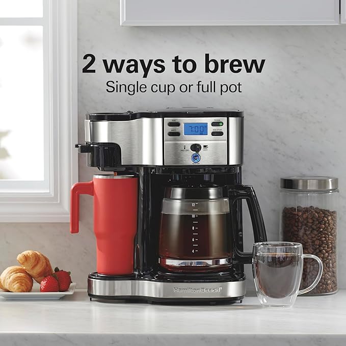 Hamilton Beach 2-Way Brewer Coffee Maker, Single-Serve and 12-Cup Pot, Black/Stainless Steel(49980A), Carafe | 12 Cup Glass Carafe | Black with Stainless Steel Accents | 49980RG - Image 2