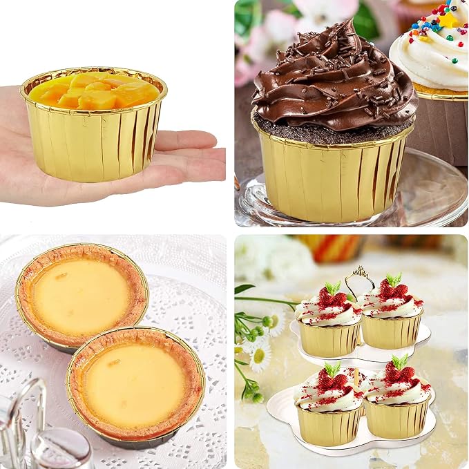 Cupcake Muffin Liners With Lids 100 Pack,LNYZQUS 5.5 Oz Large Foil Baking Cups Muffin Tins,Disposable Ramekins Cupcake Cups Cupcake Wrappers Holders For Wedding Valentine,with Spoons-Gold - Image 6