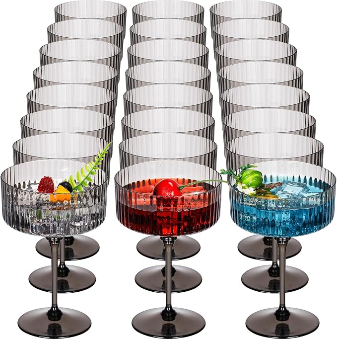 Jingmore 24 Pcs Ribbed Martini Glasses 10 oz Disposable Plastic Vintage Ribbed Coupe Glasses Unbreakable Dessert Parfait Glassware for Wedding Birthday Party Supplies (Black) by Jingmore