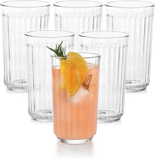 Libbey Paneled Highball Glasses Set of 6, 17 Oz Fine Ribbed Line Whiskey Glasses Set, Dishwasher Safe Highball Champagne Glasses for Juice, Iced Tea by Libbey