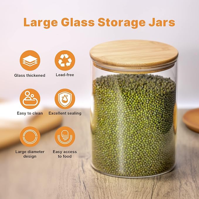 YUNCANG Glass Storage Jars,2 PACK -108oz/3200ml Clear Glass Food Storage Containers with Airtight Bamboo Lid Stackable Kitchen Canisters for Candy,Cookie,Rice,Sugar,Flour,Pasta,Nuts and Spice Jars - Image 3