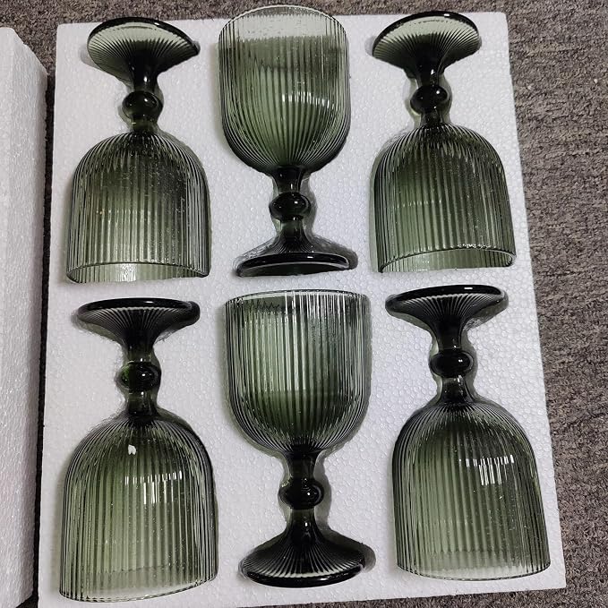 Taganov Water Goblets set of 6 Vintage Glassware 13 oz Colored Wine Glass Drinking Glass Vertical Line Embossed Pattern Stemmed Cups for Wedding Party Bar Grey - Image 3
