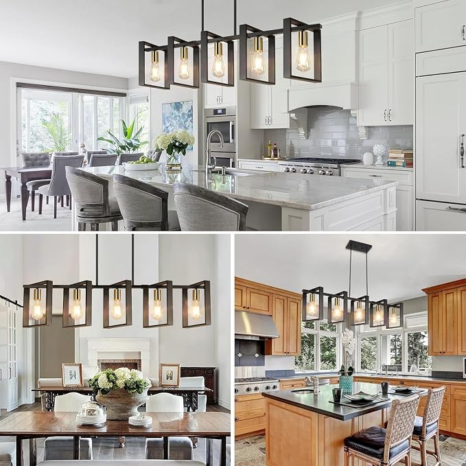 5-Light Black Gold Dining Room Light Fixture, 53’’ Farmhouse Wood Chandelier Kitchen Island Lighting Over Table, Modern Black Rectangular Hanging Pendant Light Fixture for Living Room, E26 Sockets - Image 6