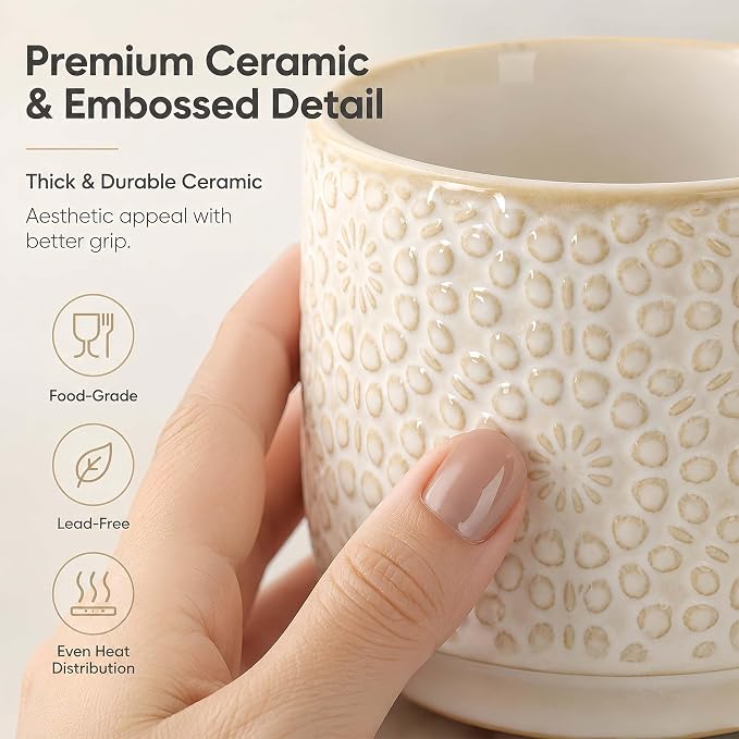 6 Oz Coffee Cups Set of 4, Stackable Espresso Cups with Metal Stand, Ceramic Cappuccino Cup, Embossed Coffee Mugs for Latte, Cocoa, Mocha, Tea, Housewarming Present, Dishwasher Safe - Image 3