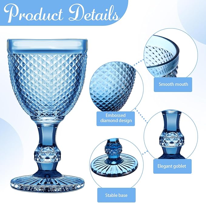 Bokon 12 Pack Blue Glass Goblets Set 10 oz High Clear Wine Glass Vintage Water Goblets Cups Embossed Diamond Design Glassware with Stem for Drinking Juice Liquor Party Wedding Bar - Image 4