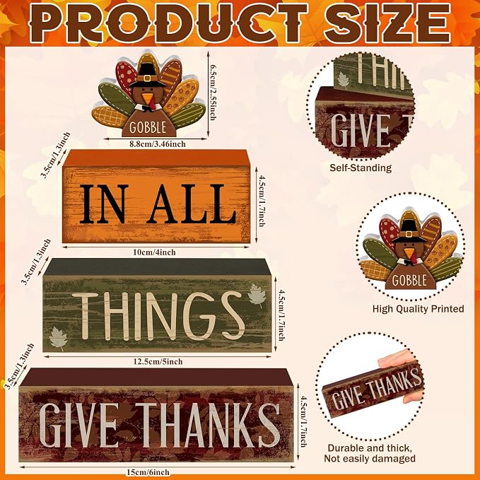 Moucuny 4 Pcs Fall Decorations for Home Wooden Turkey Decor Thanksgiving Tiered Tray Decor Thanksgiving Table Centerpiece Rustic Wooden Gobble Turkey Block Sign for Autumn Harvest Party Kitchen Shelf - Image 2