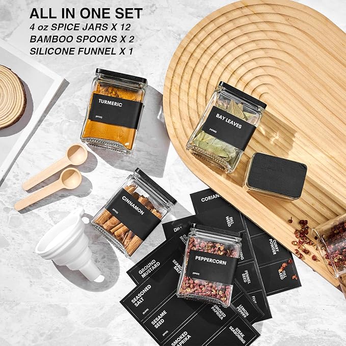 Glass Spice Jars with Bamboo Lid, 4oz Square Spice Containers for Pantry Organization, Seasoning Bottles with Labels, Spoons, Funnel for Salt Sugar - Image 3