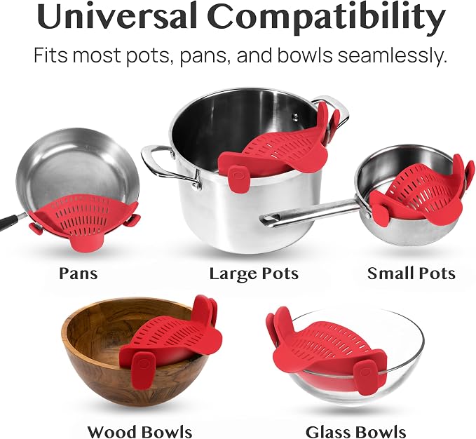 Kitchen Gizmo Snap N Strain Silicone Pot Strainer - Adjustable Clip-On Pasta Strainer for Pots, Pans, and Bowls - Large Red Kitchen Colander - Image 6