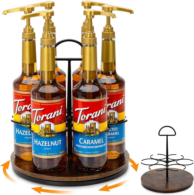 Rotating Coffee Syrup Organizer Hold 6 Bottles, Wood Coffee Syrup Rack for Countertop, Large Bottle Holder Stand for Bar Station, Turntable Wine Display Tray (Black - 6 Bottles)