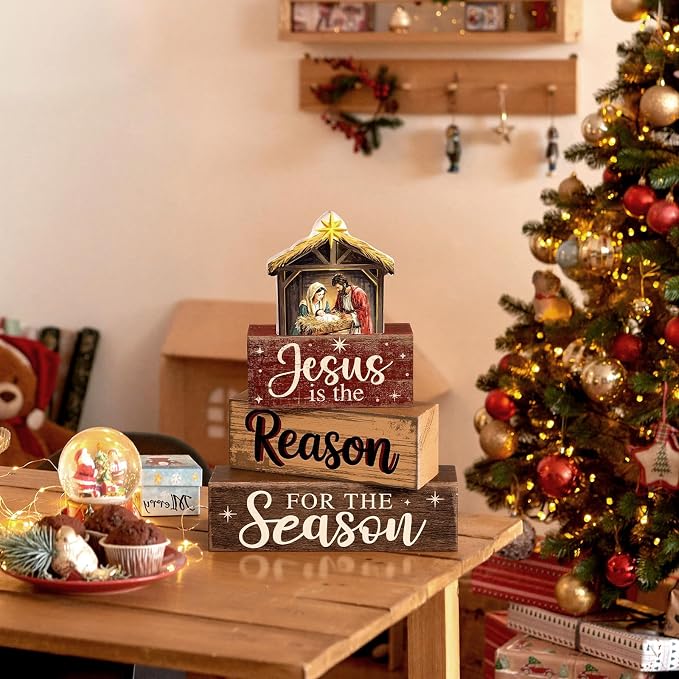 Moucuny 4 Pcs Christmas Table Decoration Christian Wooden Stacked Block, Jesus is the Reason for the Season Signs with Nativity Scene, Rustic Religious Christmas Tiered Tray Decor for Home Church - Image 6