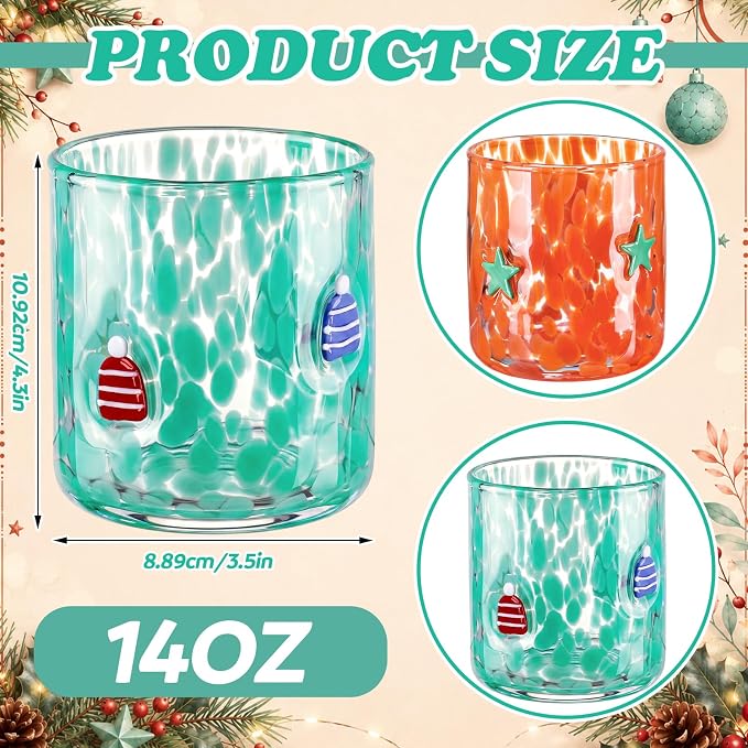 LemonRoad 2 Pcs Christmas Glass Cups 16 oz Green Star Mini Hat Icon Juice Glasses Double Old Fashioned Wine Coffee Cocktail Cups Drinking Glassware for Holiday Xmas Party Supplies Gift - Image 2