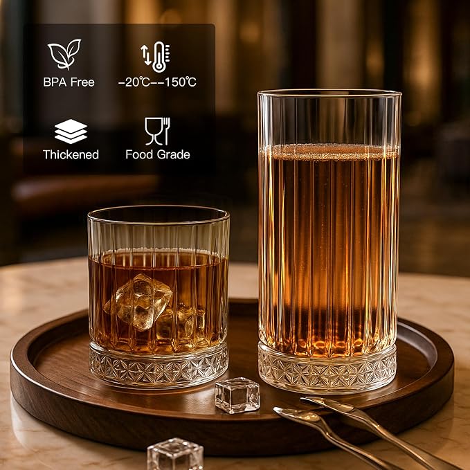Ruckae Drinking Glasses Set of 8,15 oz and 7 oz Kitchen Water Glass Cups Set,Clear Ribbed Glassware Dishwasher Safe,Mixed Drinkware for Beer,Juice,Cocktail,Whiskey,Milk and Various Mixed Drinks - Image 6