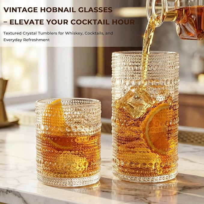 CycleMore Set of 12 Vintage Hobnail Drinking Glasses, 12 oz Highball Glasses & 10 oz Cocktail Glasses, Bar Tumbler Glassware for Water, Juice, Beer, Whiskey, Cocktail, Smoothie - Image 4