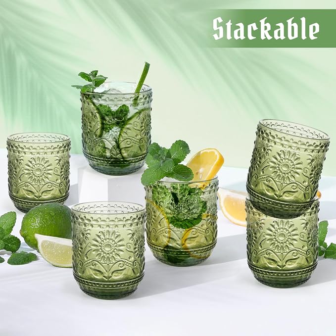 Topsky Vintage Drinking Glass Set of 6,12 oz Embossed Floral Decorative Glassware Set,Glass Cups Wine Glasses Beverages Tumblers Colored Glassware for Whisky,Beer,Juice,Cocktail,Heavy Duty - Image 8