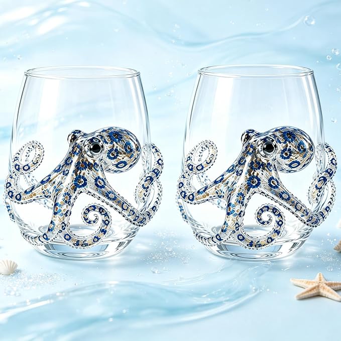 2 pcs Novelty Octopus Tumbler Glass, Artisanal Marine Animal Embossed Cup, Unique Ocean Themed Bar Glassware Gift by Unknown