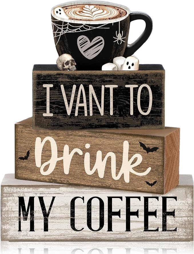 Moucuny 4 Pcs Halloween Table Decorations Spooky Coffee Wooden Stacked Block Decor, "I Vant to Drink My Coffee" Signs with Ghost Mug Topper, Halloween Tiered Tray Decor for Home Office Kitchen Bar by Moucuny