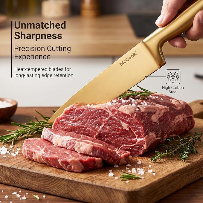 McCook® Kitchen Knife Sets, Golden Titanium Stainless Steel Knives Block Set with Built-in Sharpener, 20 Piece Knives, Restaurant Grade Sharp, Elegant Gold & Stylish Wooden Block for Modern Culinary | German Forged Stainless Steel,20 PC,Razor Sharp,Ant... - Image 5