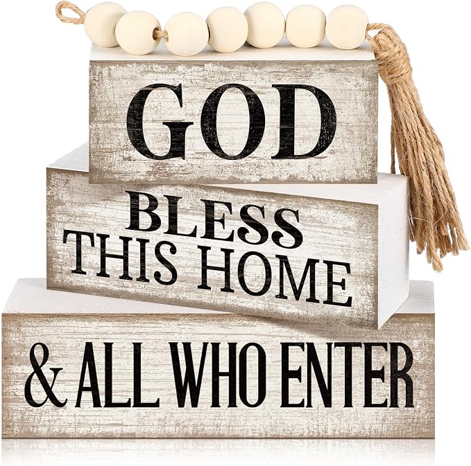 Moucuny 4 Pcs Christian Table Decor Rustic Wooden Block Sign Set with God Bless This Home & All Who Enter Farmhouse Stacked Decor with Beaded Garland Tassel Christian Home Decors for Office, Shelf by Moucuny