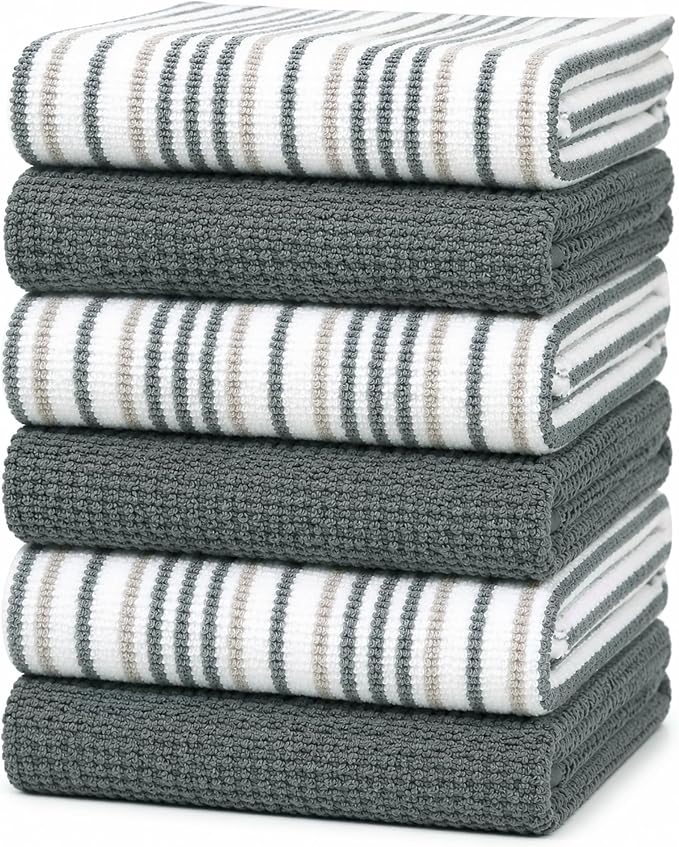 Bumble Kitchen Towels 6 Pack 100% Cotton 16"x26" - Grey Wide Stripe | 430 GSM Soft Kitchen Hand Towels with Hanging Loop, Highly Absorbent & Durable for Washing and Drying Dishes by BumbleTowels