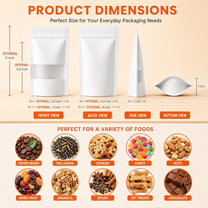 100 Pcs White Kraft Paper Bags with Window, 4" x 6" Stand Up Pouches Bags, Food Storage Bags for Packaging Products, Reusable, Sealable - Image 3