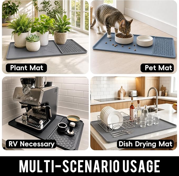 Caketime 2 In 1 Silicone Coffee Bar Mat Accessories for Keurig Coffee Maker pot with Detachable Dish Drying Rug Kitchen Counter Under Sink Drainer Necessities Rome Decor 16"x16" Light Gray - Image 4
