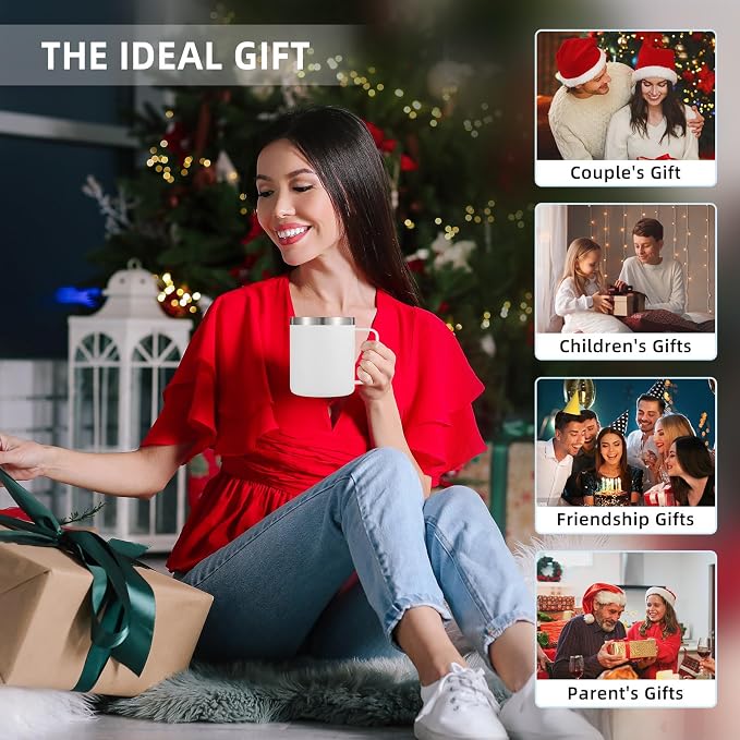 Volhoply 14oz Insulated Stainless Steel Coffee Mug with Lid Bulk 2 Pack,Double Wall Vacuum Travel Coffee Cup with Handle,Reusable Metal Cups Tumbler,Camping Mugs Keep Hot,Ideal Gifts(White,2) - Image 6