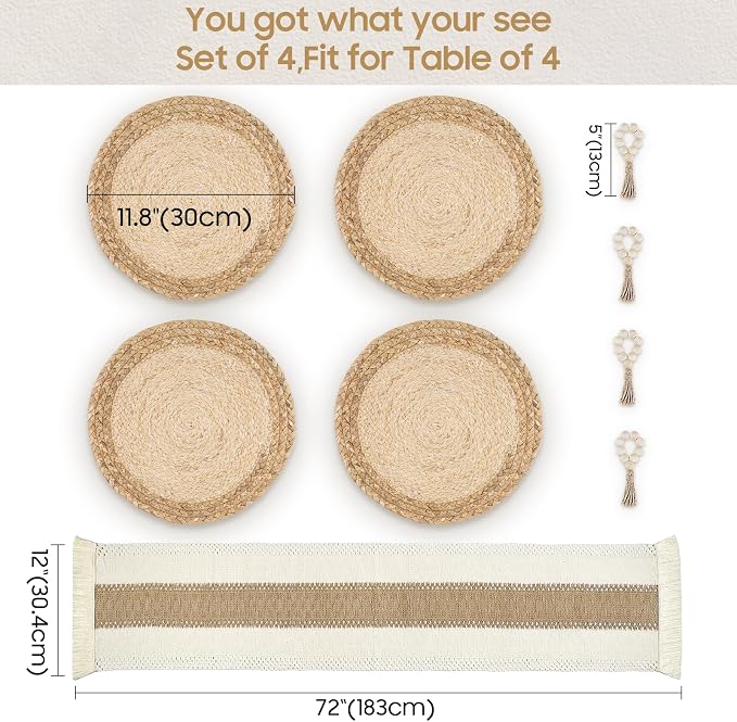 Placemats Set of 4,Natural Round Placemats with Table Runner & Napkin Rings | Made of Cotton Burlap and Corn Husk,Protective,Heat-Resistant,Non-Slip Boho Table Mats Fall Placemats for Dining Table Décor - Image 3