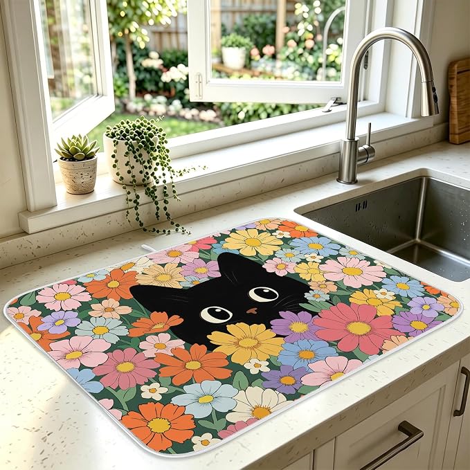 Black Cat Floral Dish Drying Mat for Kitchen Counter Coffee Bar 18x24 in | Non Slip Absorbent Kitchen Dishes Drainer Mat, with Anti-slip Rubber Backing & Hanging Loop, Decor for Sink, Cat Theme Gifts by HiWelcometoMCIAONE