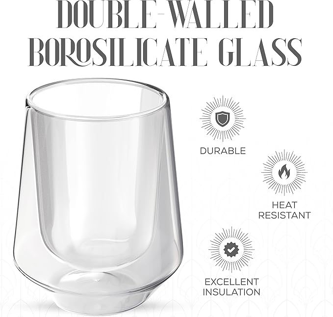Elle Decor Double Wall Insulated Glasses - 8 oz Borosilicate Glass Sweat Free Mugs, Clear Drinkware for Hot/Cold Drinks, Coffee, Espresso, Cappuccino, Latte, 2- Piece Glass Cup Set