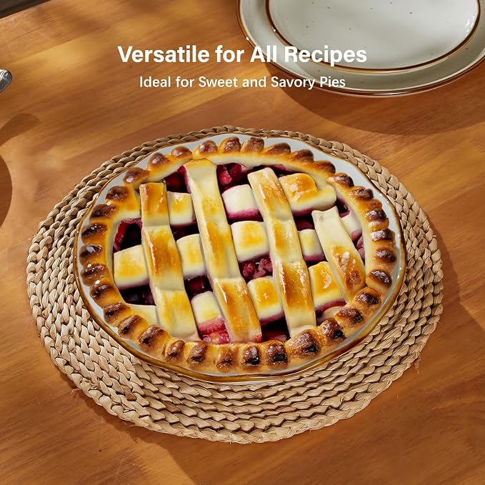 ONEMORE 9-Inch Deep Dish Pie Pan - Ceramic Pizza Pan for Oven, Baking Chicken Pot Pie, Quiche & Tarts - Rustic White Dish for Perfectly Crispy Crust, Large Ruffled Baking Plate - Image 8