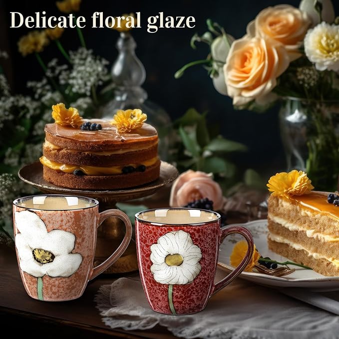 Maxdot 2 Pcs 12oz Ceramic Coffee Mugs Sets Glazing Process Cappuccino Mug Floral Ceramic Tea Cups Idea Gift Set for Women Porcelain Cup for Coffee, Cocoa, Tea, Latte (Retro) (Vintage) - Image 7