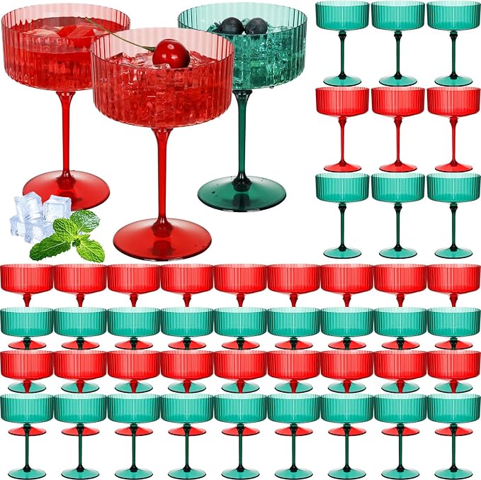 Jingmore 48 Pcs Ribbed Martini Glasses 10 oz Disposable Plastic Vintage Ribbed Coupe Glasses Unbreakable Dessert Parfait Glassware for Wedding Birthday Party Supplies (Red and Green) by Jingmore