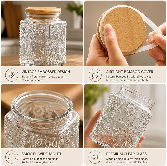 Glass Storage Jars With Airtight Lid, 35oz Canister For Kitchen Counter with Bamboo Lid, brown sugar, candy, coffee, cookie, salt, tea,pantry cute Jar (Large Square Sunflower) - Image 8