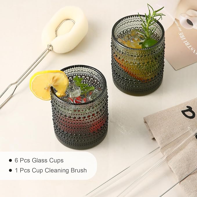 ZMOWIPDL Drinking Glasses Set of 6,12oz Grey Hobnail Glass Cups | Vintage Glassware，Embossed Water Tumbler,for Beer,Cocktail,Whiskey,Juice and Various Mixed Drinks- 1 Cleaning Brush - Image 5