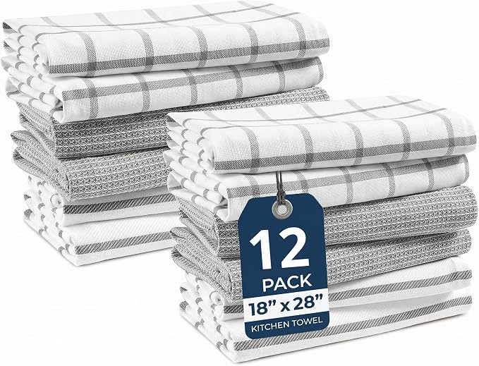 LANE LINEN Kitchen Towels & Dishcloths Set of 12-100% Cotton, Quick-Drying 18” x 28” Absorbent Dish & Tea Towels, Soft Hand Towels for Kitchen - Grey by LaneLinen